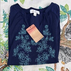 NWT Anneliese Navy Blue Floral Embroidered Women's Top V_Neck Bell Sleeves L